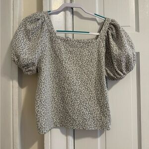 LOFT Grey Animal Print Square Neck Puff Sleeve Top Textured Knit L